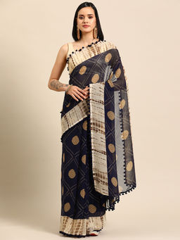 Tikhi Imli - Navy Blue Bandhani Printed Saree with Unstitched Blouse