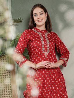 Nayam by lakshita - Women Red Embroidered Bandhani Kurta with Palazzo (Set of 2)