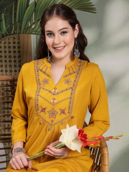 Nayam by lakshita - Mustard Embroidered A-Line Rayon Kurta and Pants (Set of 2)