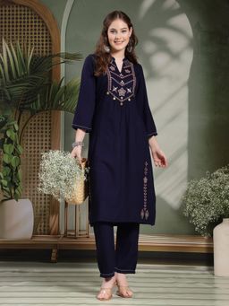 Nayam by lakshita - Navy Blue Embroidered A-Line Rayon Kurta and Pants (Set of 2)