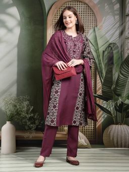 Nayam by lakshita - Women's Purple Embroidered Kurta with Pant and Dupatta (Set of 3)