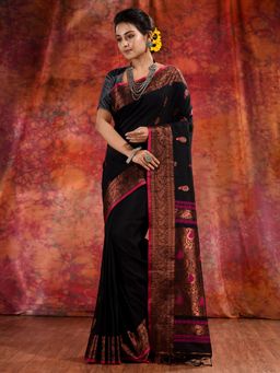 CHARUKRITI - Black Linen Handwoven Soft Saree with Copper Zari and Unstitched Blouse