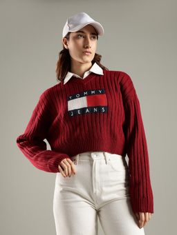 Tommy Hilfiger - Red Regular Fit Polyester V-Neck Sweater