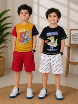 3PIN - Multi-Colour Cotton Half Sleeve T-Shirt and Shorts (Pack Of 4)
