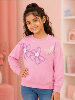 KiddoPanti - Pink Sweatshirt with Floral Rope Embroidery and Butterfly Embellishment