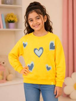 KiddoPanti - Yellow Sweatshirt with Denim Heart Applique and Pearl Embellishment