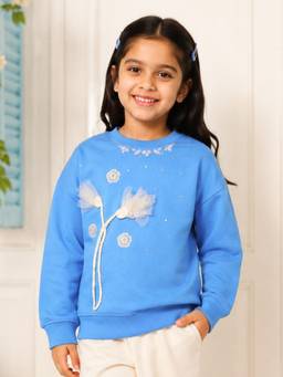 KiddoPanti - Blue Sweatshirt with Floral Applique Pearl and Net Embellishment