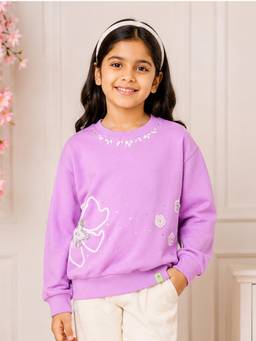 KiddoPanti - Purple Sweatshirt with Crochet Flower Pearl and Rhinestone Embellishment