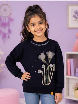 KiddoPanti - Navy Blue Sweatshirt with Bouquet Crochet Flower and Pearl Embellishment