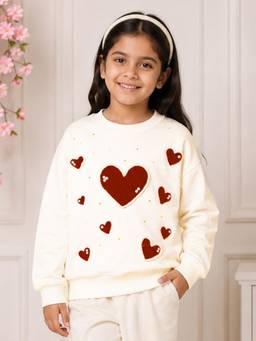 KiddoPanti - Off White Sweatshirt with Heart Applique and Pearl Embellishment