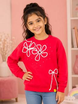 KiddoPanti - Red Sweatshirt with Crochet Flower and Bow Embellishment