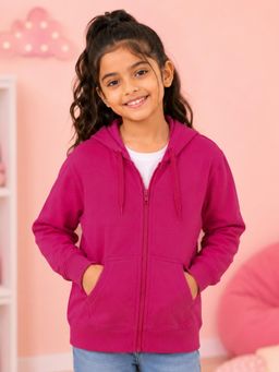 KiddoPanti - Pink Solid Full Sleeve Zip Front Open Hoodie