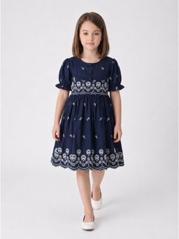 Bella Moda - Navy Blue Cotton Floral Embroidered Dress
