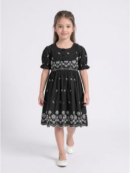 Bella Moda - Black Cotton Floral Embroidered Dress