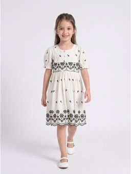 Bella Moda - White Cotton Floral Embroidered Dress