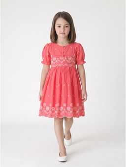 Bella Moda - Pink Cotton Floral Embroidered Dress