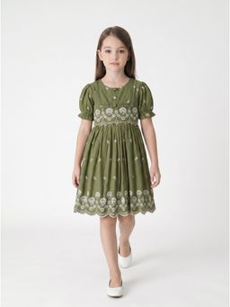 Bella Moda - Green Cotton Floral Embroidered Dress