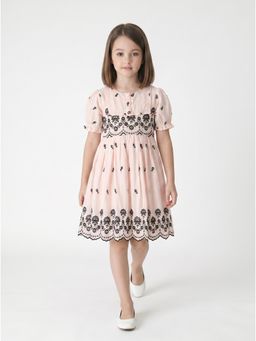 Bella Moda - Peach Cotton Floral Embroidered Dress