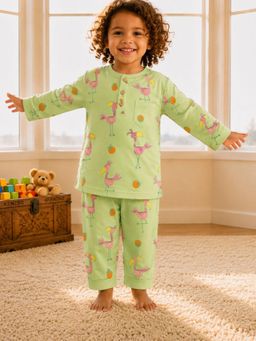 Tittertots - Green Flamingo Fiesta Cotton Kurta with Pyjama