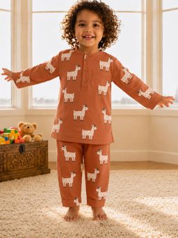 Tittertots - Orange Meh Goat Cotton Kurta with Pyjama
