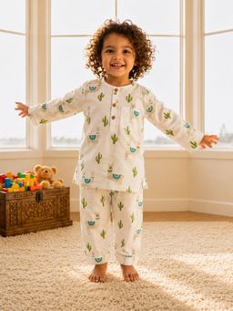 Tittertots - White Llama Dreams Cotton Kurta with Pyjama