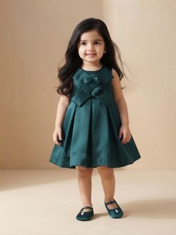 Blabber - Green Satin Sleeveless Party Frock with Floral Applique and Booties