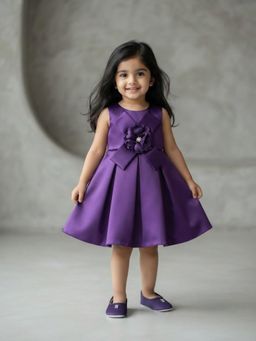 Blabber - Purple Satin Sleeveless Party Frock with Floral Applique and Booties