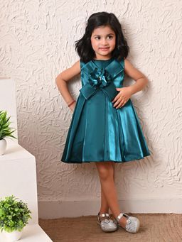 Blabber - Green Satin Sleeveless Party Frock with Floral Applique
