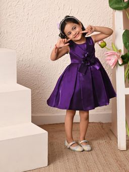 Blabber - Purple Satin Sleeveless Party Frock with Floral Applique