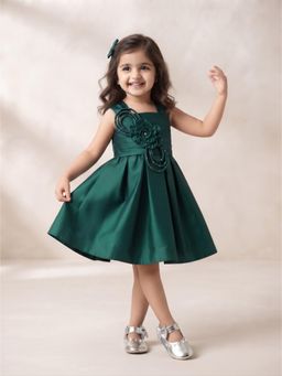 Blabber - Green Satin Sleeveless Party Frock with Floral Applique