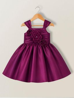 Blabber - Wine Satin Sleeveless Party Frock with Floral Applique