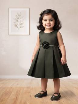 Blabber - Green Tissue Sleeveless Party Frock with Floral Applique and Booties