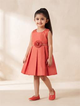 Blabber - Coral Tissue Sleeveless Party Frock with Floral Applique and Booties