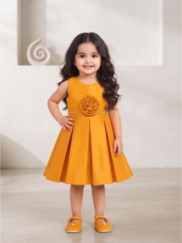 Blabber - Yellow Tissue Sleeveless Party Frock with Floral Applique and Booties