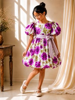 TWISHA - Purple Cotton Half Sleeve All Over Printed Dress