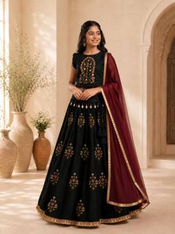 TWISHA - Black Half Sleeve Embroidered Choli with Lehenga and Dupatta