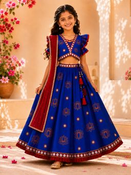 TWISHA - Blue Half Sleeve All Over Lotus Printed Choli with Lehenga and Dupatta
