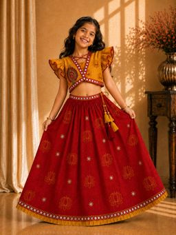 TWISHA - Yellow Half Sleeve All Over Lotus Printed Choli with Lehenga