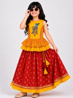 TWISHA - Yellow Cotton Sleeveless Krishna Embroidered Peplum Top and Lehenga