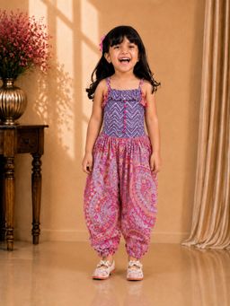 TWISHA - Pink Cotton Sleeveless All Over Printed Frilled Jumpsuit