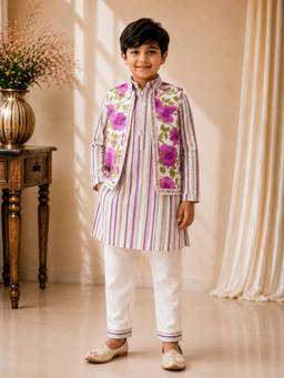 TWISHA - Purple Cotton Full Sleeve All Over Printed Kurta with Pant and Nehru Jacket