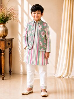 TWISHA - Olive Cotton Full Sleeve All Over Printed Kurta with Pant and Nehru Jacket