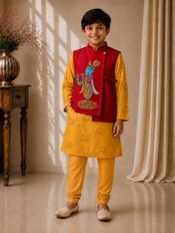 TWISHA - Yellow Printed Kurta with Pajama and Krishna Embroidered Nehru Jacket
