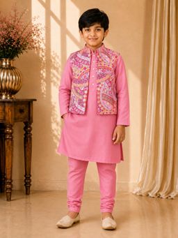 TWISHA - Pink Full Sleeve Solid Kurta with Pajama and Printed Nehru Jacket