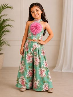 TWISHA - Olive Cotton Sleeveless All Over Printed Ruffle Crop Top with Palazzo