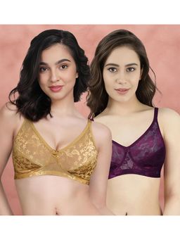 Shyaway - Susie BY Shyaway Fenugreek and Dark Purple Non Padded Wirefree Lace Bras (Pack of 2)
