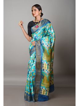 Unnati Silks - Turquoise Pure Handloom Bengal Tusshar Kalamkari Silk Saree with Unstitched Blouse
