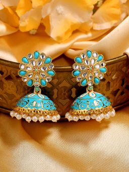 Estele - Gold Plated Beautiful Blue Meenakari Kundan Jhumki Earrings for Women