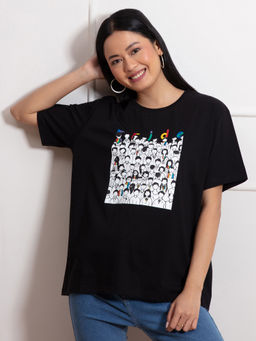Twenty Dresses by Nykaa Fashion - Black Oversized Graphic Print Round Neck T Shirt