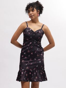 ELLE - Women Black Printed Shoulder Straps Sleeveless Mini Dress